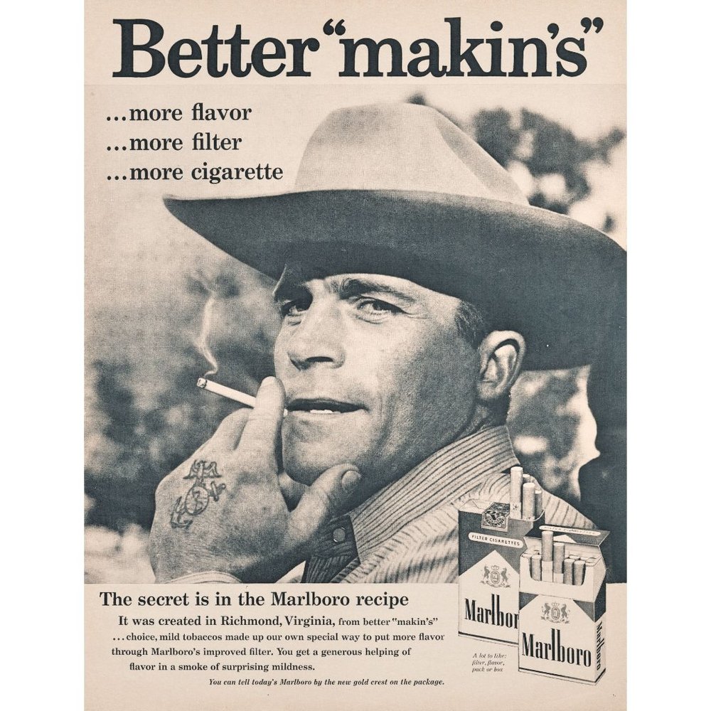 1959 Marlboro Cigarettes Better Makin's Vintage Print At Cowboy Hat Tattoo Photo - Picture 1 of 1